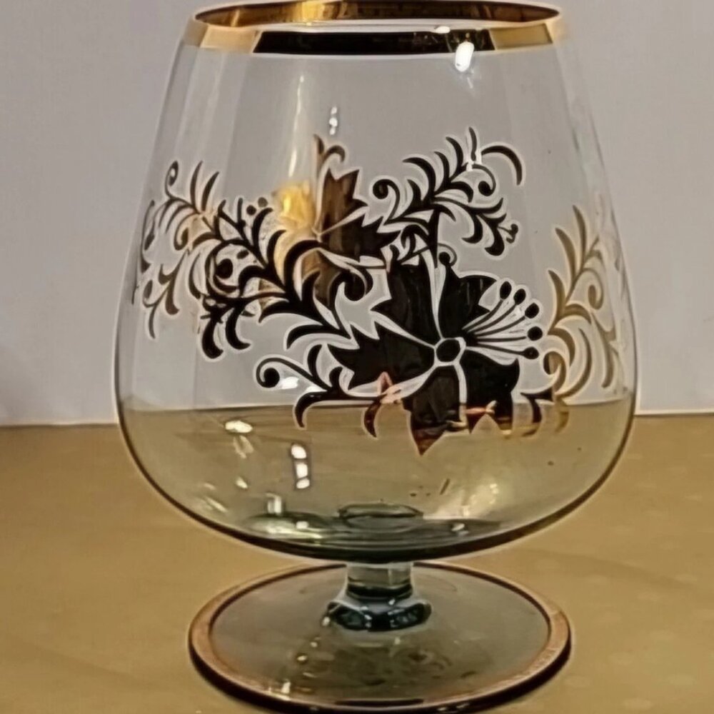 Short Stem Giant Sniffer Bowl, Czech, Gold Trim Floral, Bourbon, Cognac, Tequila